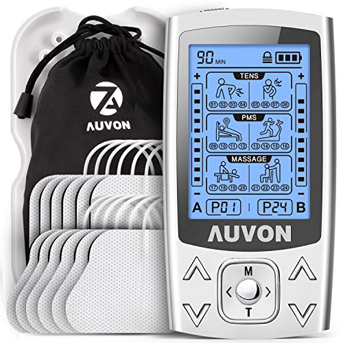 AUVON 3-en-1 Electroestimulador muscular de 24 modos, con función TENS, EMS y masaje, para aliviar el dolor muscular y fortalecer los músculos, 2 Canales, 12pcs 2